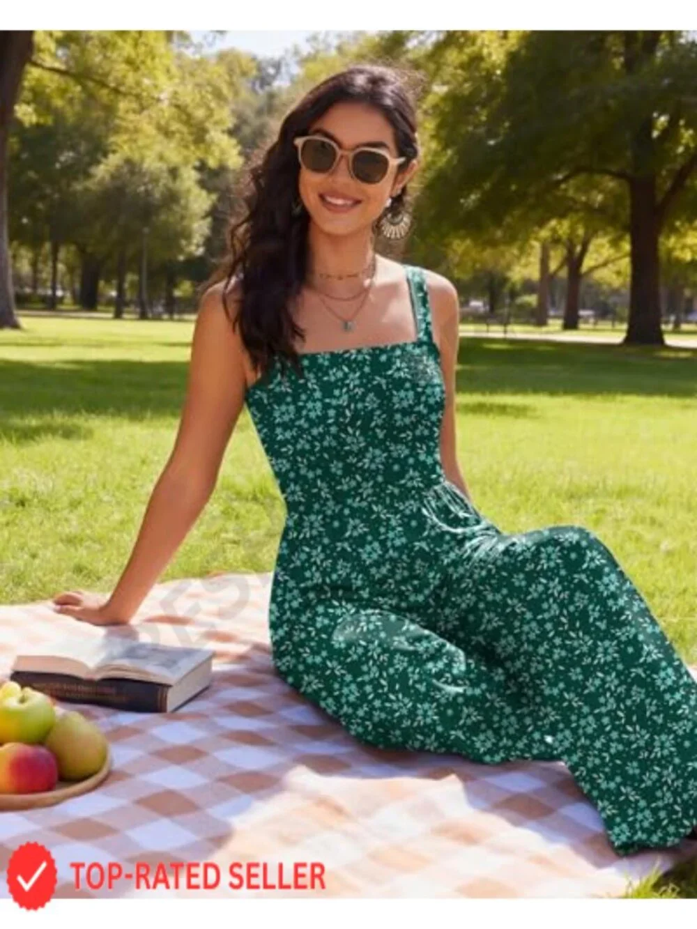 Sleeveless Wide Leg Jumpsuit Smocked Boho Romper with Pockets
